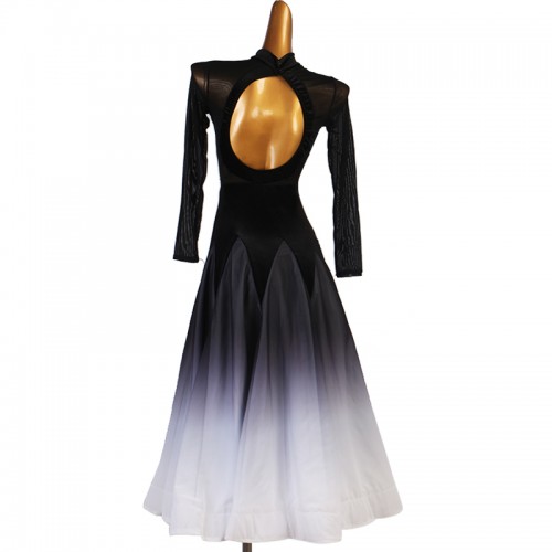 Women girls black gradient color standard ballroom dance dresses long sleeves waltz tango foxtrot smooth dance practice long dress 